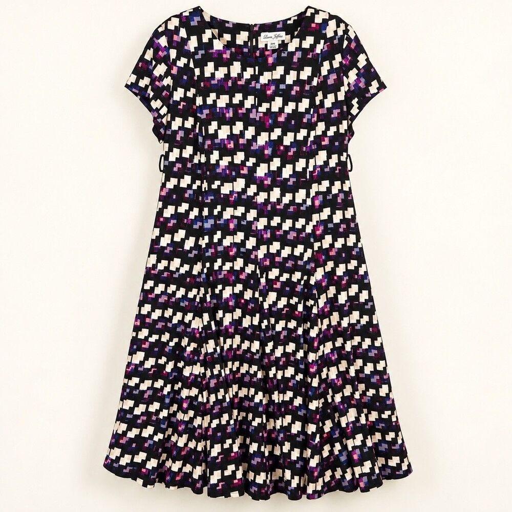 Laura Jeffries 20W Geometric Print Long Dress Black Purple Short Sleeves No Belt